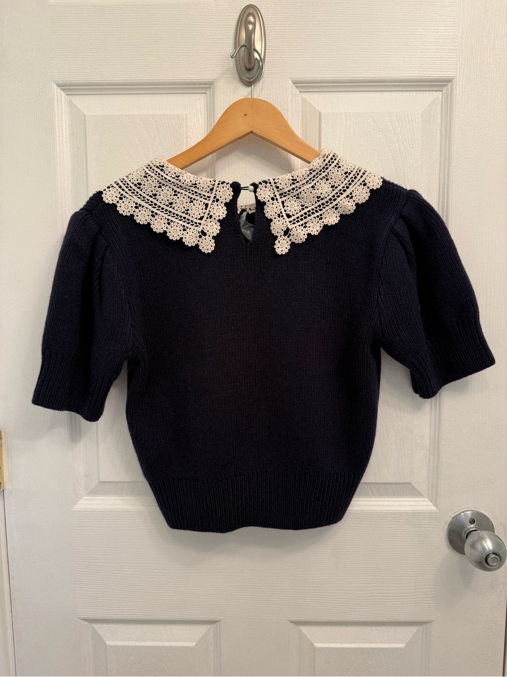 NWT Caroline Constas Lace Collar Wool Blend Short Sleeve Cropped Sweater Small - Picture 4 of 11